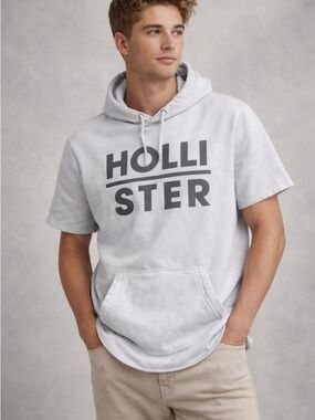 Hollister Gray Short Sleeve Hoodie Pullover Fleece Lined Logo Graphic Size Small